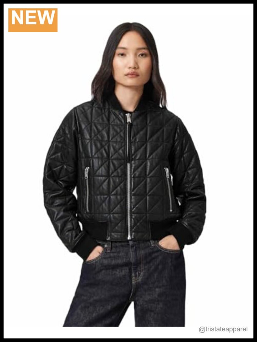 Quilted Leather Bomber Jacket, Long Sleeve, Zipper, Dry Clean Only